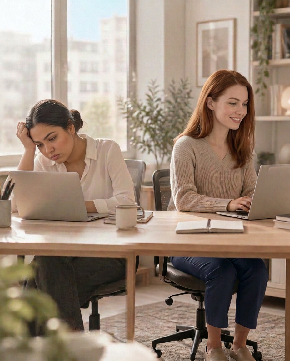 Two colleagues at neighbouring desks: one slumped and strained at their laptop, the other sitting tall, calm and engaged